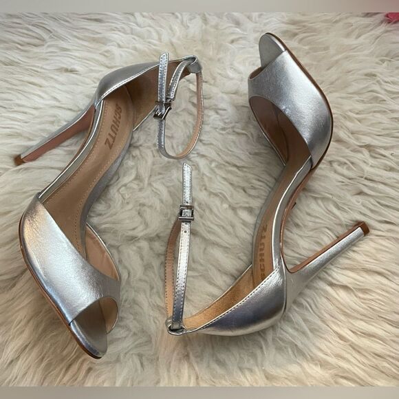 SCHUTZ SAASHA LEE Silver Metallic Ankle Strap Heels 6.5 - Picture 4 of 9